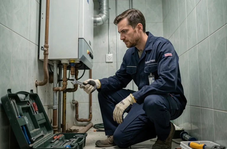 Technicien de dépannage professionnel en uniforme inspectant une chaudière résidentielle avec des outils dans une salle technique