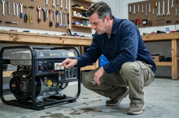 Technicien en chemise bleue inspectant le panneau de contrôle d'un groupe électrogène dans un atelier semi-ouvert