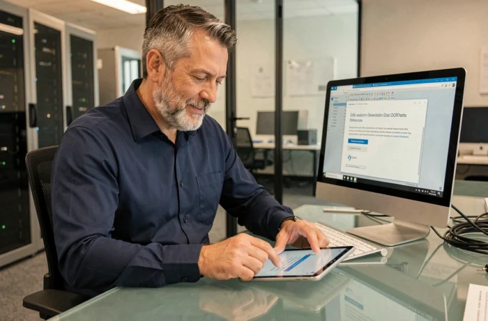 Technicien IT téléchargeant Tesseract OCR sur un ordinateur de bureau en environnement professionnel
