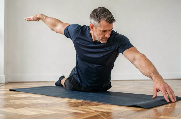 Homme d'âge moyen portant le tee-shirt Percko Decathlon lors d'étirements posturaux à domicile