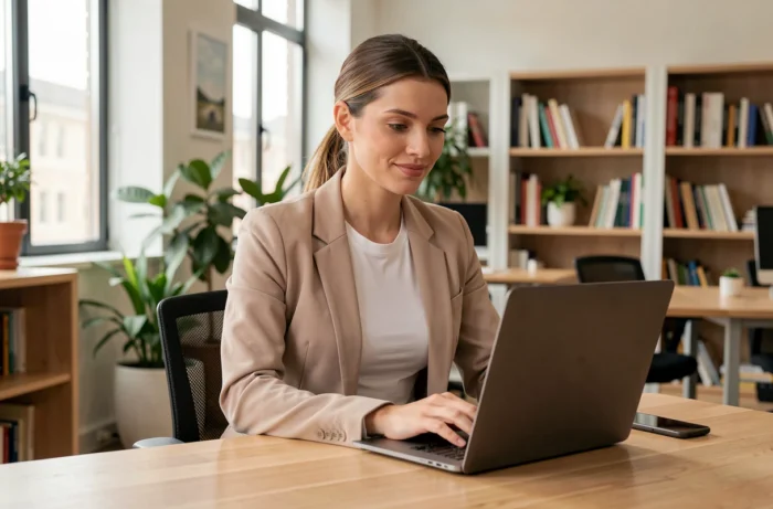 Femme en tee-shirt correcteur de posture Percko Decathlon assise à un bureau en télétravail