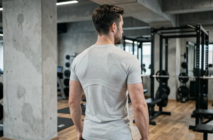Homme portant un tee-shirt de correction posturale Percko Decathlon de dos dans une salle de sport moderne
