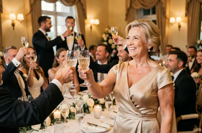 La mère du marié lève une flûte de champagne pour porter un toast final aux mariés lors du dîner de réception, entourée de convives festifs.