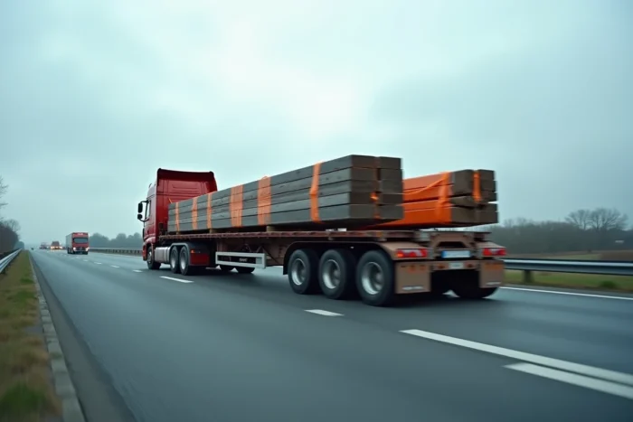 Camion poids lourd plateau en circulation sur autoroute transportant des poutres métalliques et équipements de construction attachés avec des sangles orange