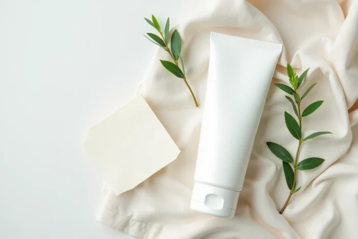 Tube de crème Ialuset en vue flat lay sur tissu de lin avec ordonnance médicale