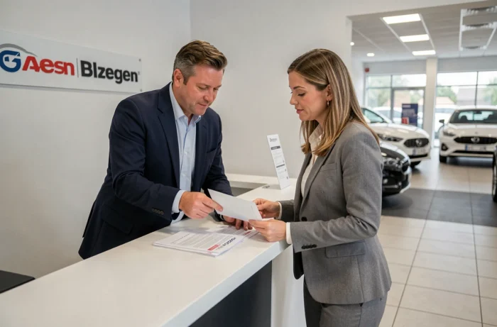 Couple en train de vérifier les documents d'inspection d'un véhicule première main dans une concession automobile