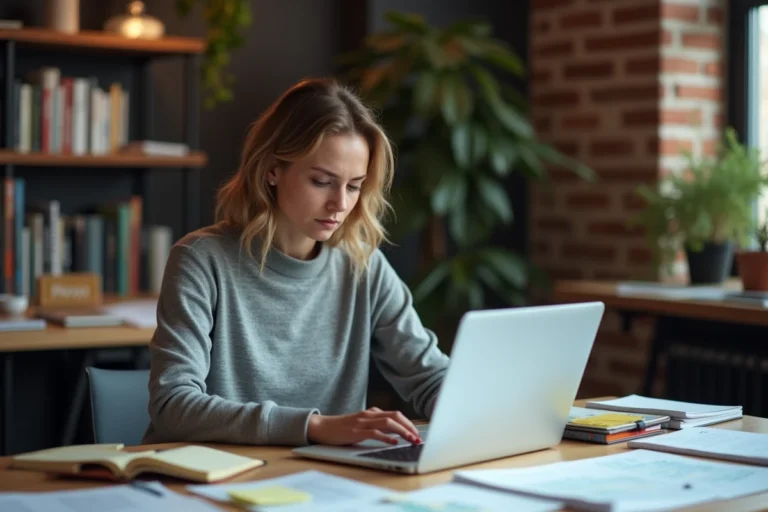 Femme analysant des fuites de produits sur un forum en ligne depuis son bureau encombré en 2026