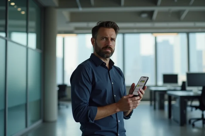 Homme en espace de coworking regardant un site de fuites technologiques sur son smartphone avec scepticisme