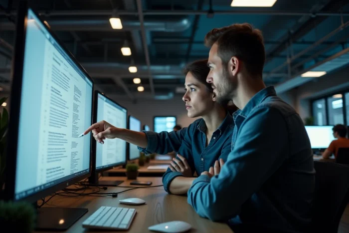 Deux collègues évaluant la fiabilité d'un site de fuites technologiques dans un bureau de startup moderne