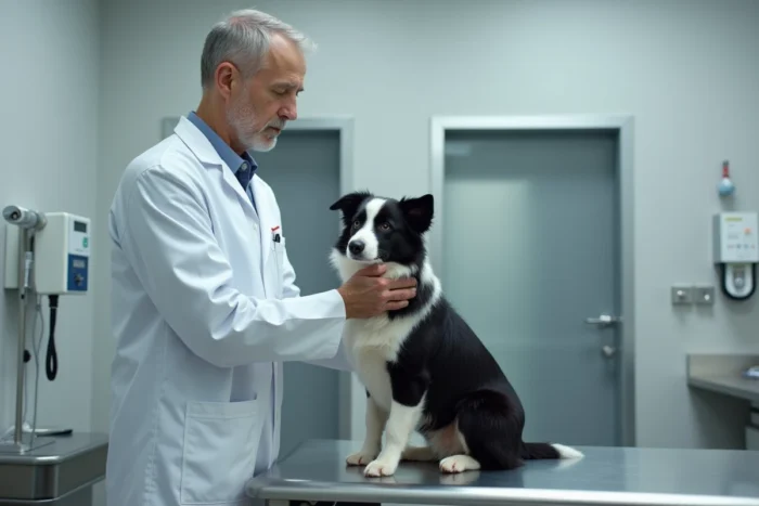 Vétérinaire examinant un border collie sur une table d'examen dans une clinique vétérinaire moderne et propre