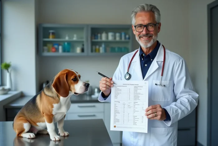 Vétérinaire expliquant un tableau de composition nutritionnelle de croquettes pour chien dans une clinique vétérinaire
