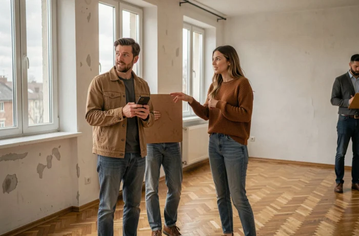 Couple visitant un appartement vide lors d'une visite de logement à louer avec un agent immobilier