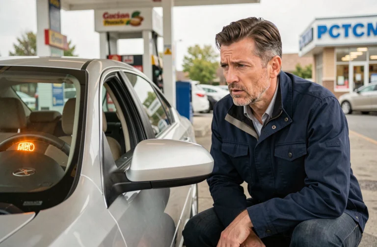 Homme inquiet regardant le voyant moteur orange allumé sur le tableau de bord après un plein de carburant