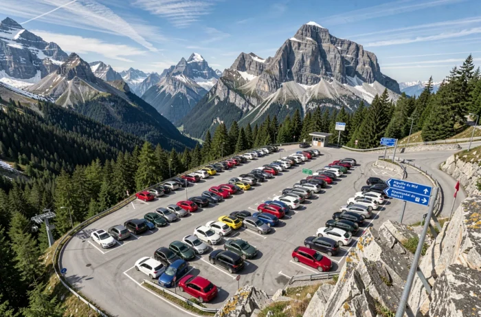 Vue en hauteur d'un parking bondé à Chamonix entouré de forêts de conifères et de sommets granitiques menant à l'Aiguille du Midi