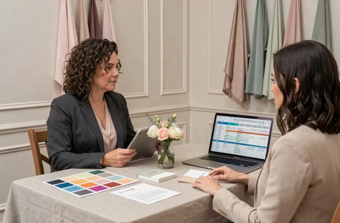 Wedding planner professionnelle présentant des options de décoration et un planning de mariage à une future mariée dans un showroom de boutique nuptiale élégante